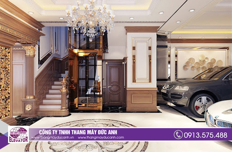Thang máy biệt thự phong cách tân cổ điển đẳng cấp với chất liệu kính và thép mạ vàng