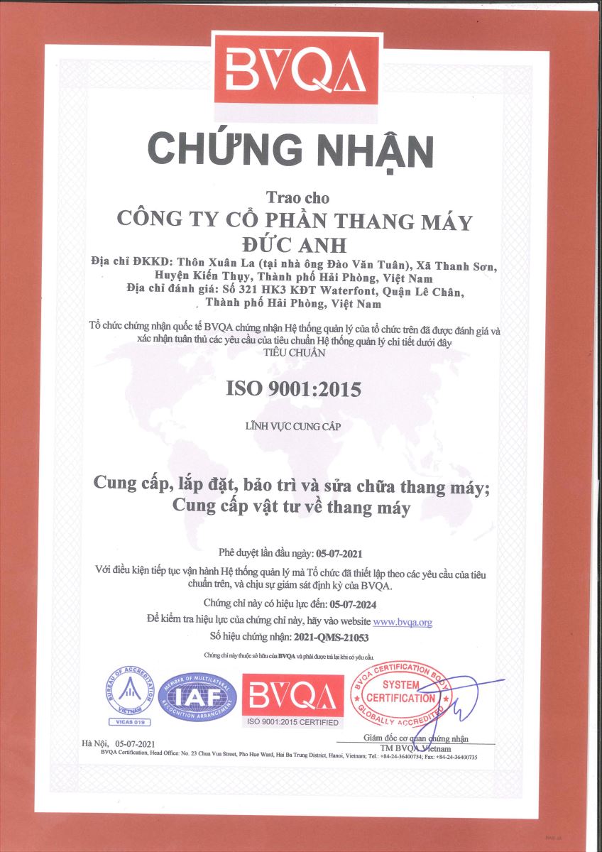 Giấy chứng nhận hệ thống tiêu chuẩn chất lượng ISO 9001:2015