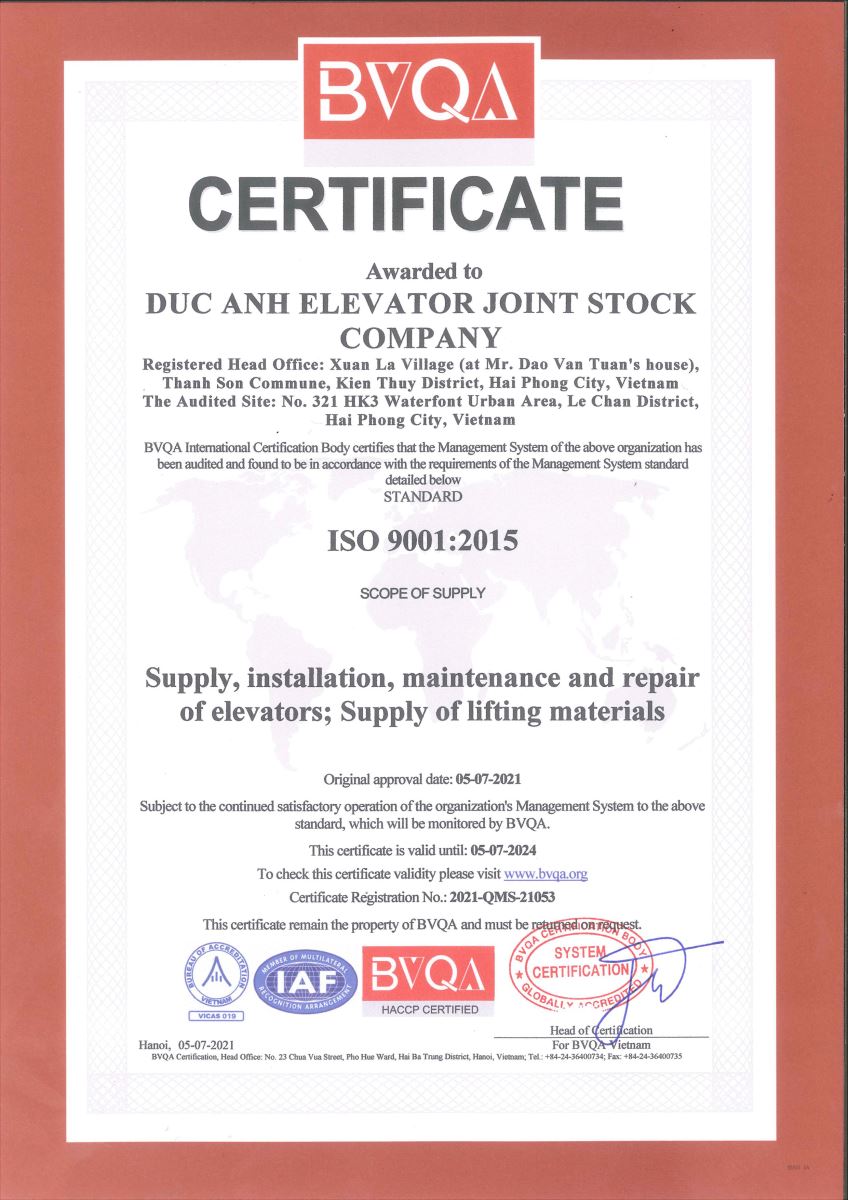 Giấy chứng nhận hệ thống tiêu chuẩn chất lượng ISO 9001:2015 cho Thang máy Đức Anh