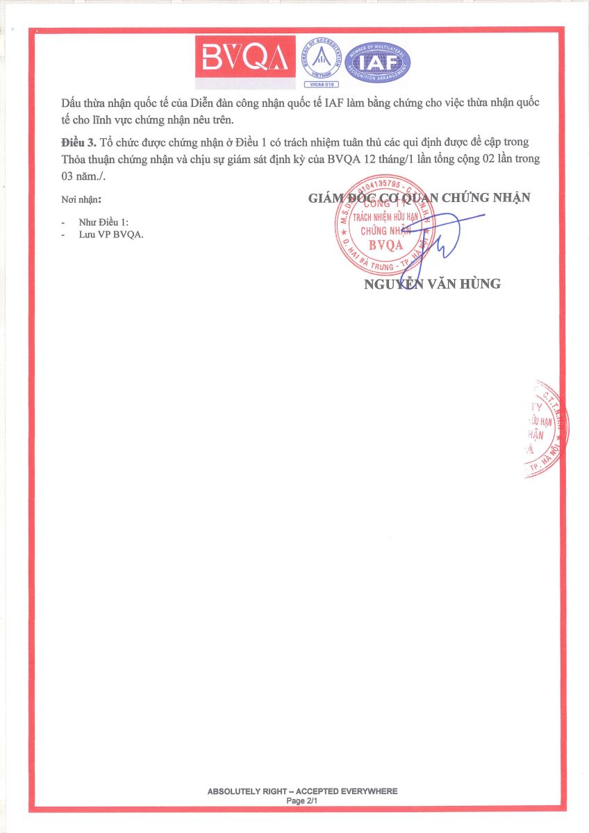 Quyết định cấp giấy chứng nhận hệ thống tiêu chuẩn chất lượng ISO 9001:2015